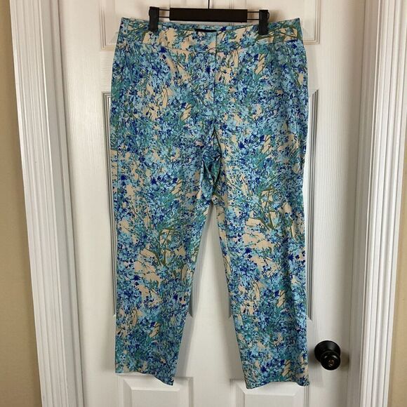 Talbots Signature 12 Blue Watercolor Floral Pant Mid Rise Ankle Career Casual U3 - Picture 5 of 12